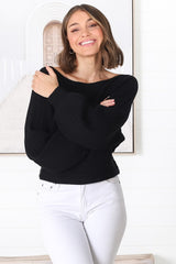 Celina Knit Top - Open Knit Stitch Boat Neckline Top in Black