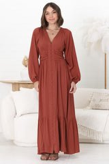 Agatha Maxi Dress - A Line Dress with Gathered Waistline and Long Sleeves in Guava