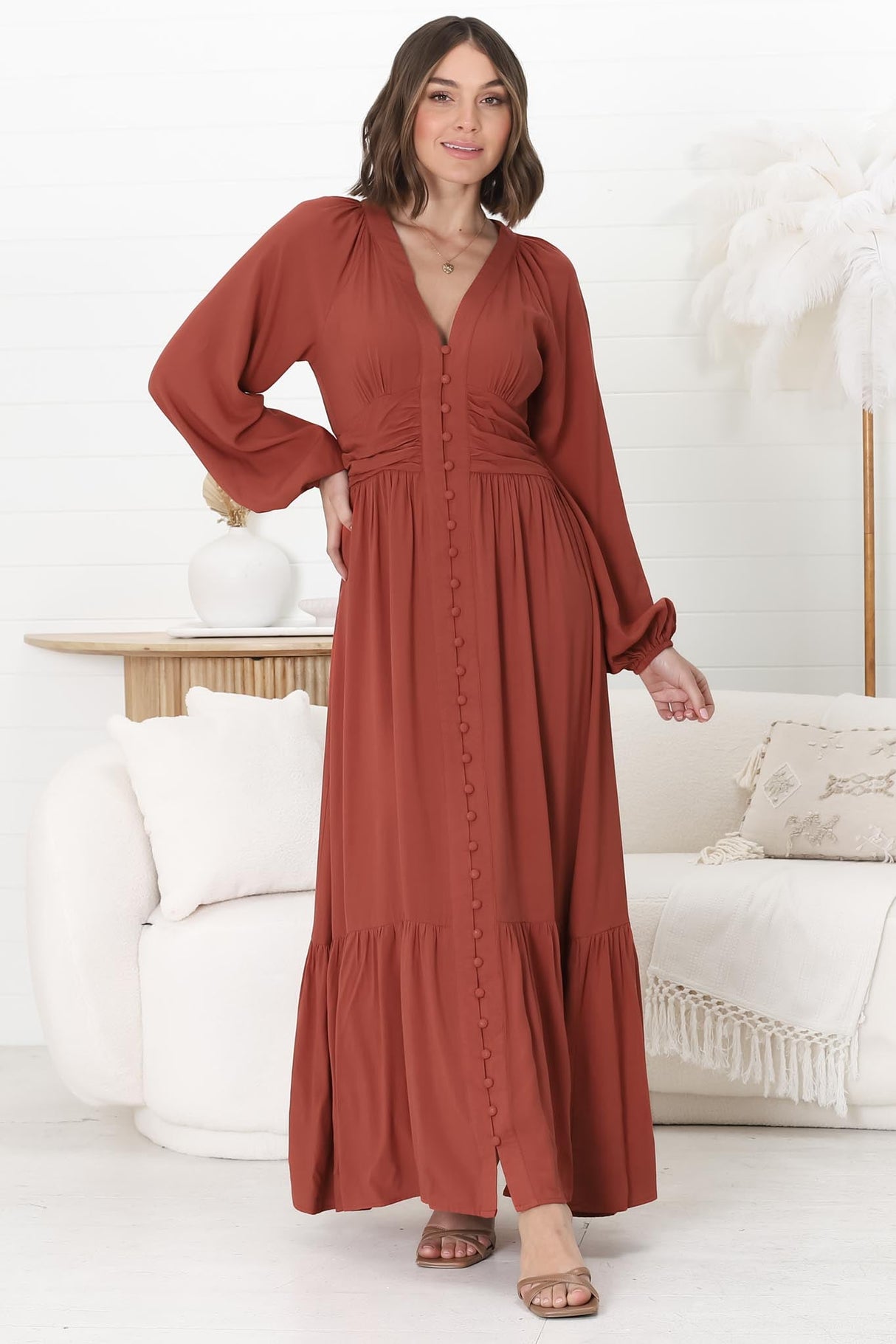 Agatha Maxi Dress - A Line Dress with Gathered Waistline and Long Sleeves in Guava