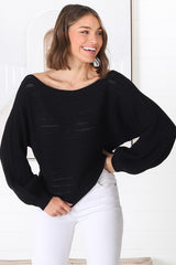 Celina Knit Top - Open Knit Stitch Boat Neckline Top in Black