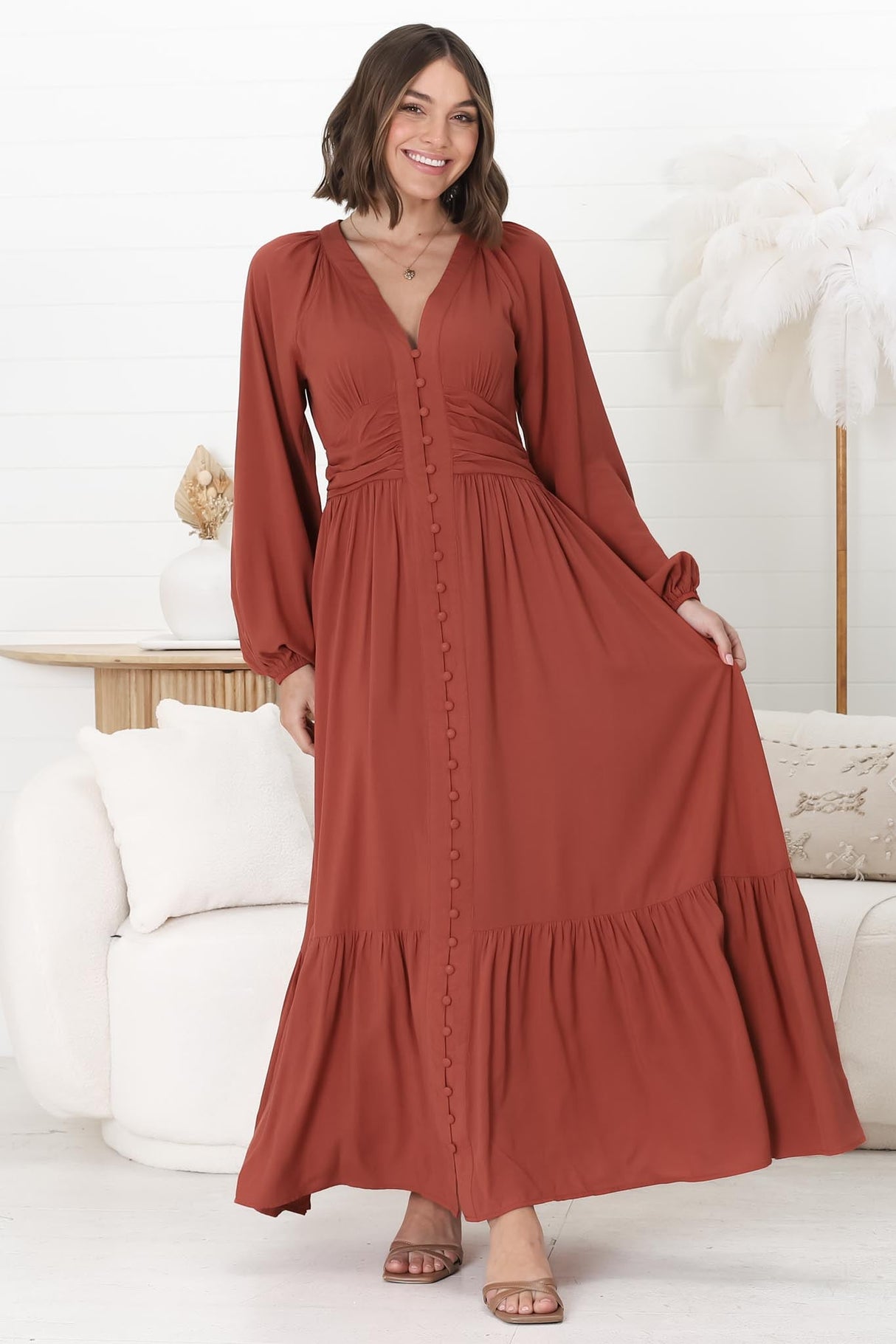 Agatha Maxi Dress - A Line Dress with Gathered Waistline and Long Sleeves in Guava