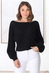 Celina Knit Top - Open Knit Stitch Boat Neckline Top in Black