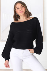 Celina Knit Top - Open Knit Stitch Boat Neckline Top in Black