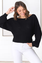 Celina Knit Top - Open Knit Stitch Boat Neckline Top in Black