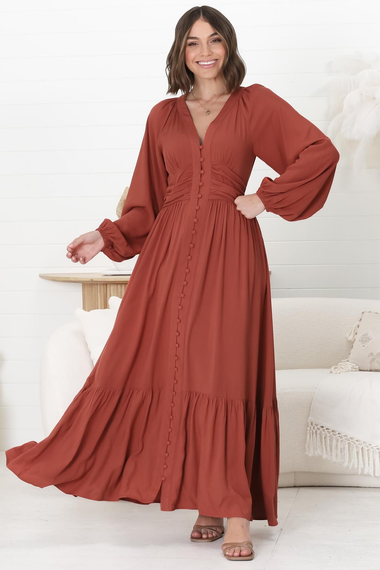 Agatha Maxi Dress - A Line Dress with Gathered Waistline and Long Sleeves in Guava