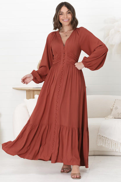 Agatha Maxi Dress - A Line Dress with Gathered Waistline and Long Sleeves in Guava