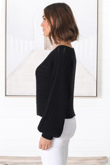 Celina Knit Top - Open Knit Stitch Boat Neckline Top in Black