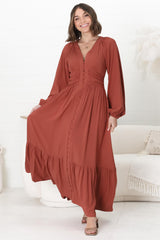 Agatha Maxi Dress - A Line Dress with Gathered Waistline and Long Sleeves in Guava