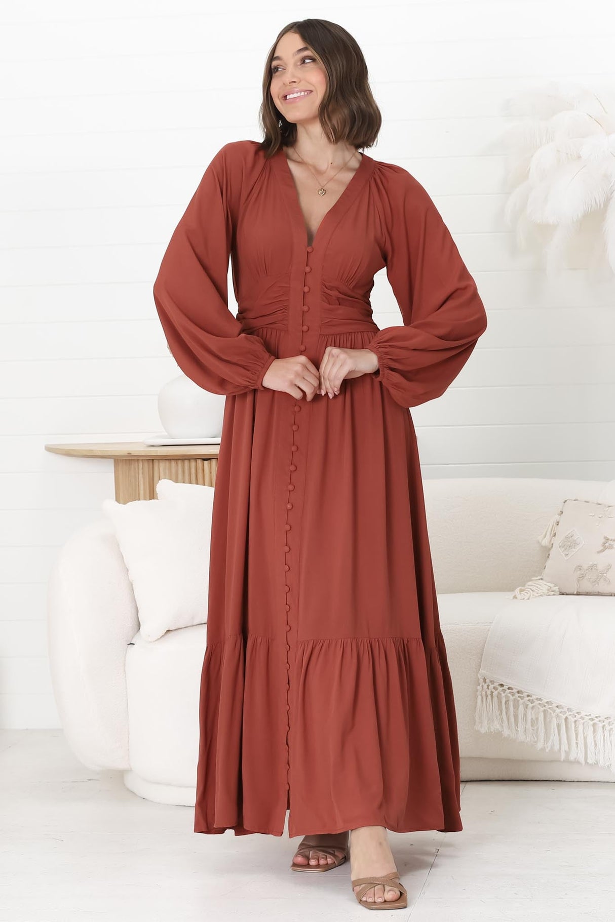 Agatha Maxi Dress - A Line Dress with Gathered Waistline and Long Sleeves in Guava