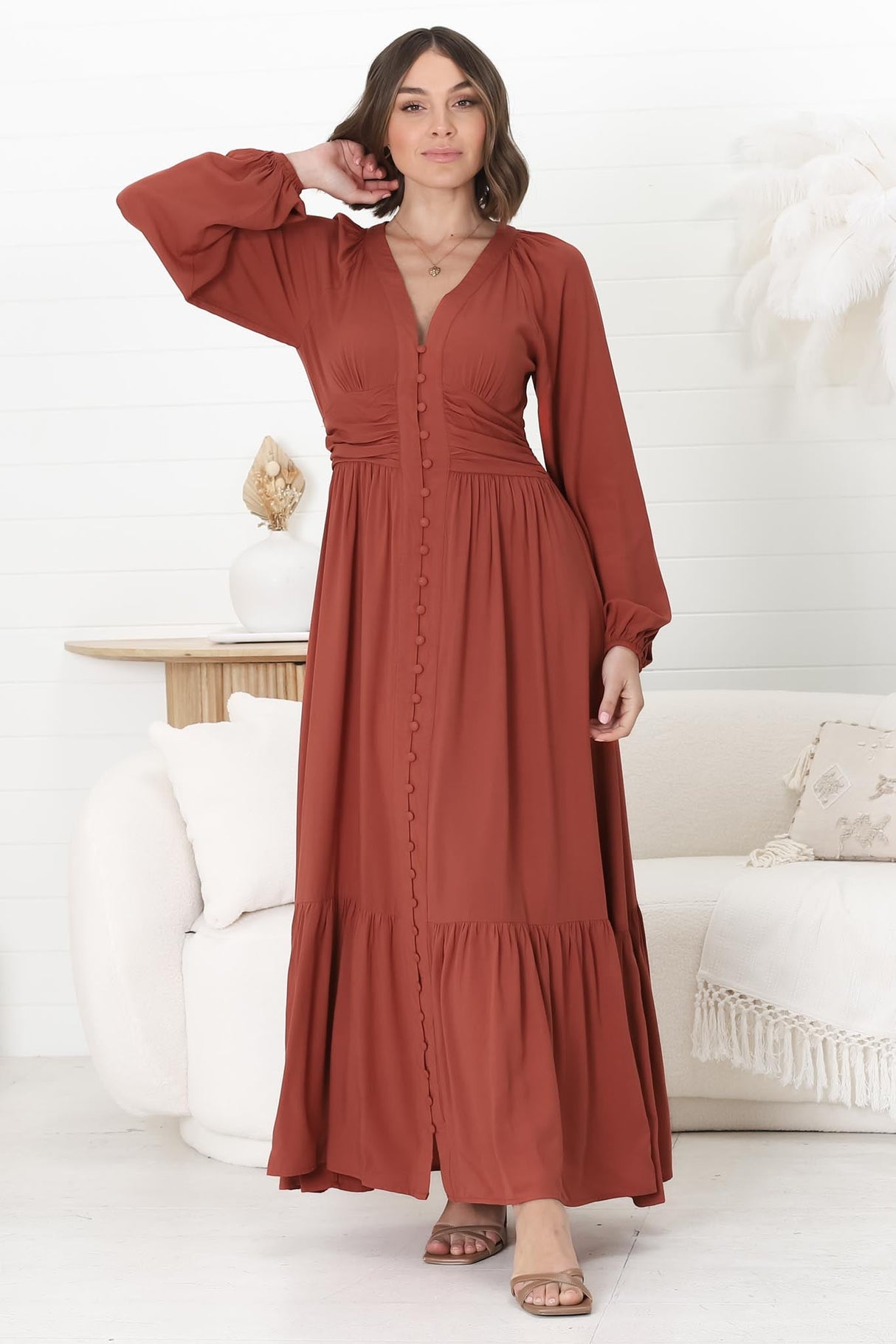 Agatha Maxi Dress - A Line Dress with Gathered Waistline and Long Sleeves in Guava