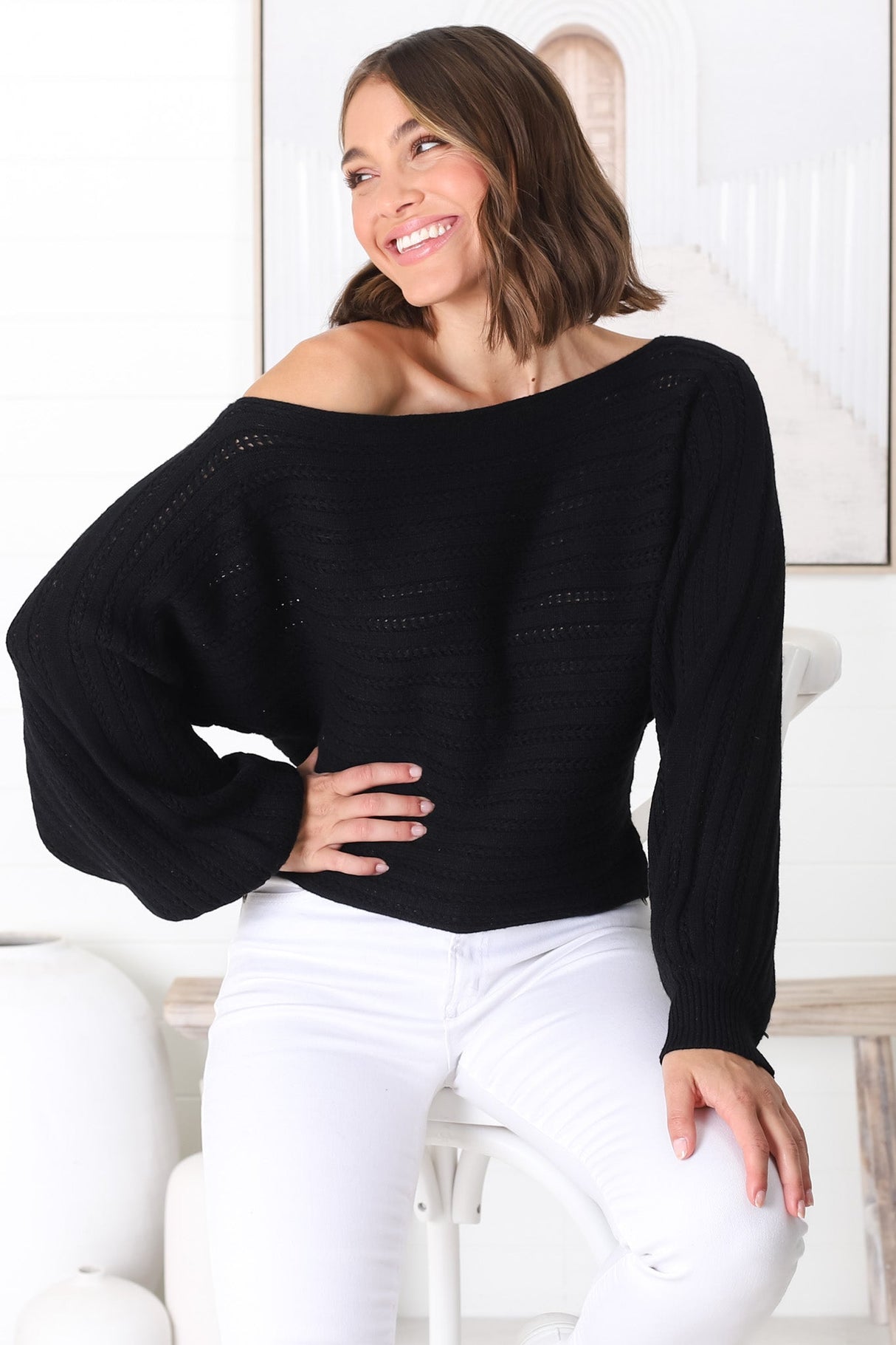 Celina Knit Top - Open Knit Stitch Boat Neckline Top in Black