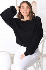 Celina Knit Top - Open Knit Stitch Boat Neckline Top in Black