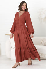 Agatha Maxi Dress - A Line Dress with Gathered Waistline and Long Sleeves in Guava