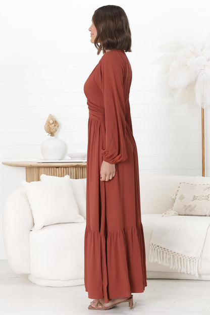 Agatha Maxi Dress - A Line Dress with Gathered Waistline and Long Sleeves in Guava