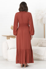 Agatha Maxi Dress - A Line Dress with Gathered Waistline and Long Sleeves in Guava