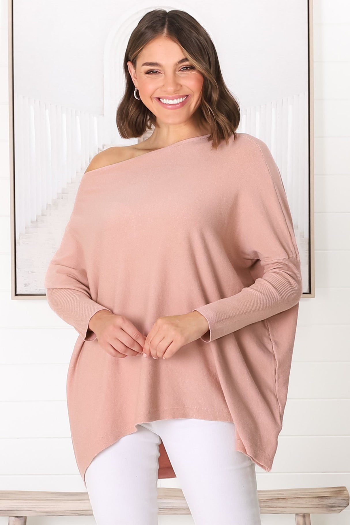 Belinda Knit Top - Boat Neckline Boxy Batwing Top in Blush