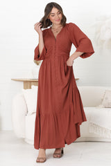 Agatha Maxi Dress - A Line Dress with Gathered Waistline and Long Sleeves in Guava