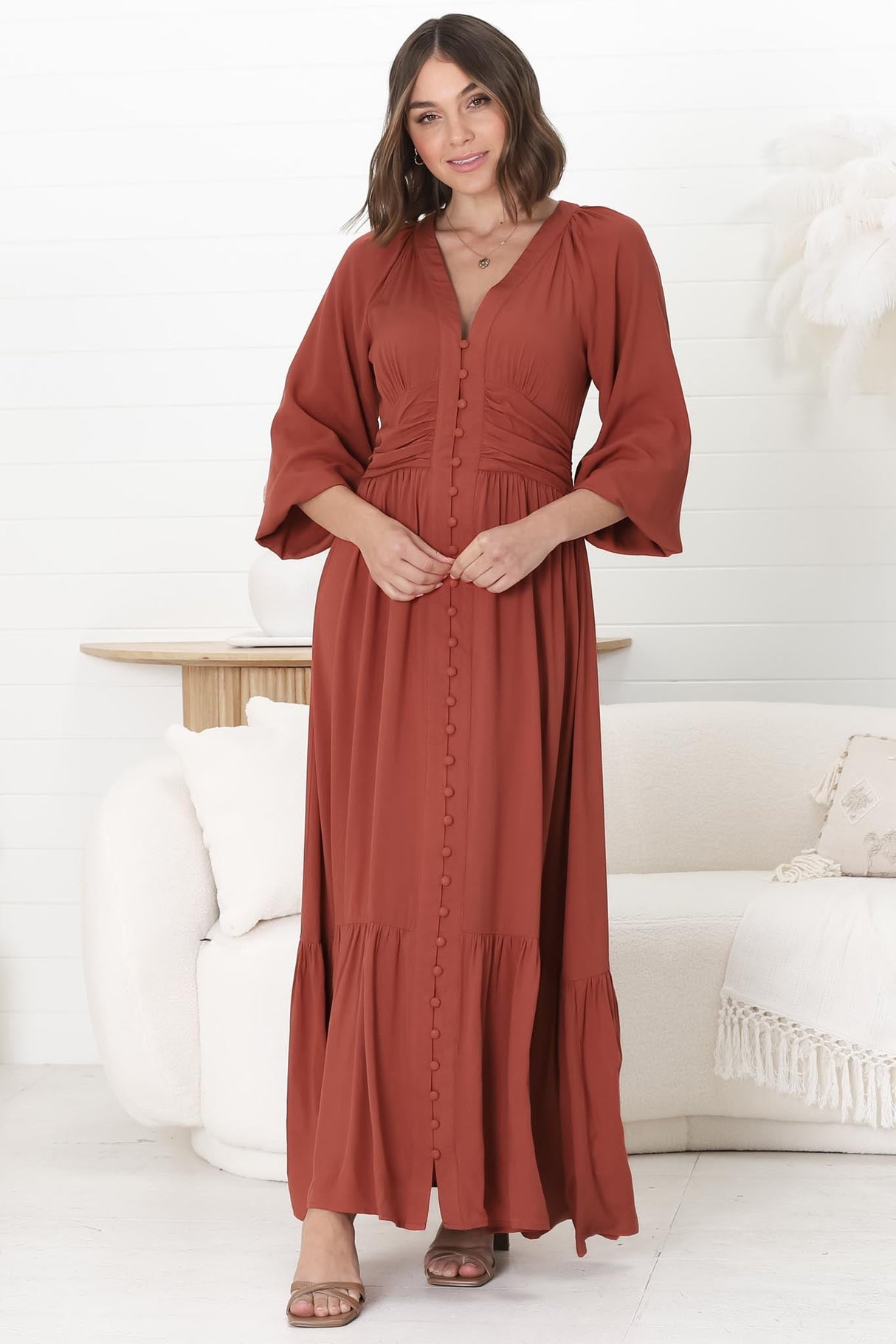 Agatha Maxi Dress - A Line Dress with Gathered Waistline and Long Sleeves in Guava