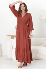 Agatha Maxi Dress - A Line Dress with Gathered Waistline and Long Sleeves in Guava