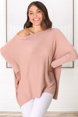 Belinda Knit Top - Boat Neckline Boxy Batwing Top in Blush