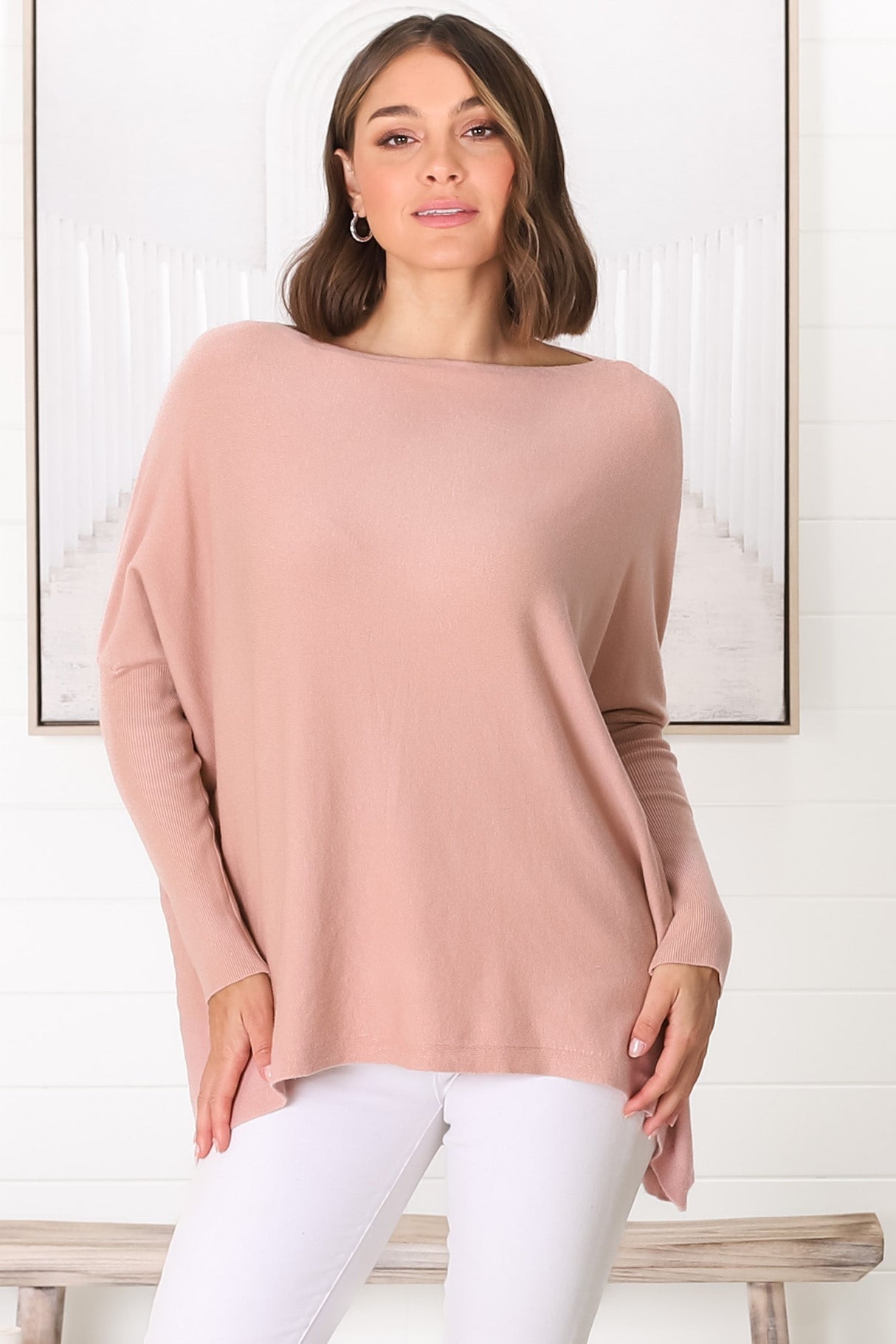 Belinda Knit Top - Boat Neckline Boxy Batwing Top in Blush