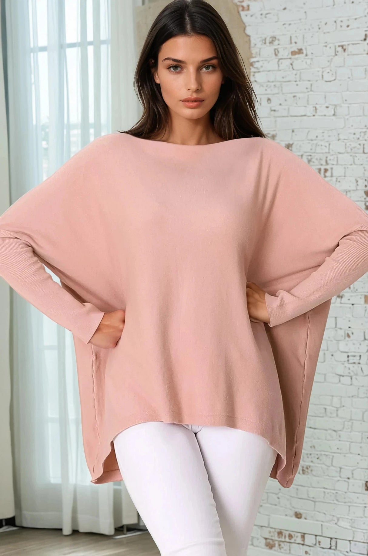 Belinda Knit Top - Boat Neckline Boxy Batwing Top in Blush