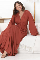 Agatha Maxi Dress - A Line Dress with Gathered Waistline and Long Sleeves in Guava