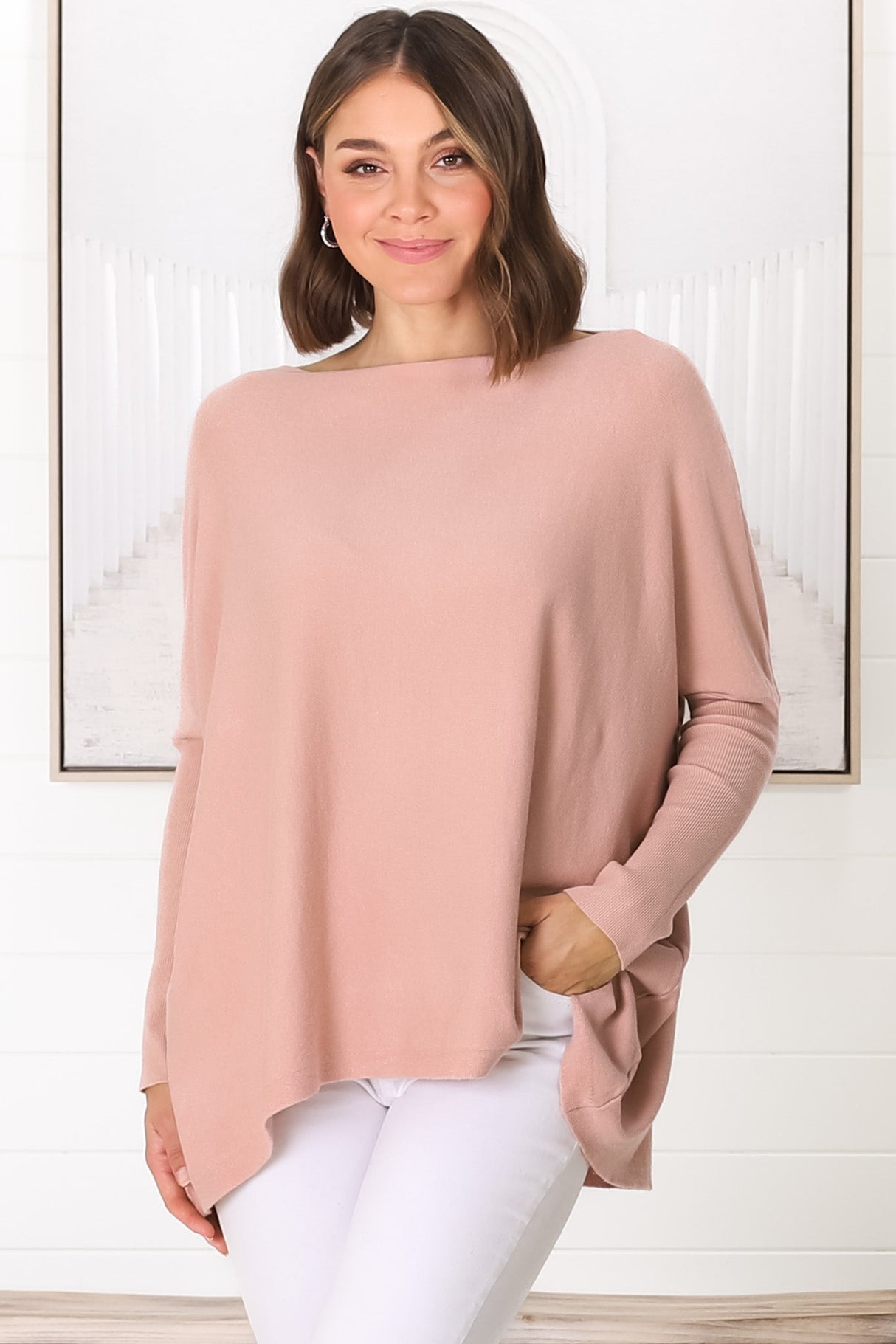 Belinda Knit Top - Boat Neckline Boxy Batwing Top in Blush