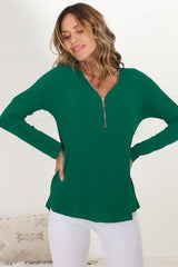 Cecile Top - Zipper Detail V Neck Top in Emerald