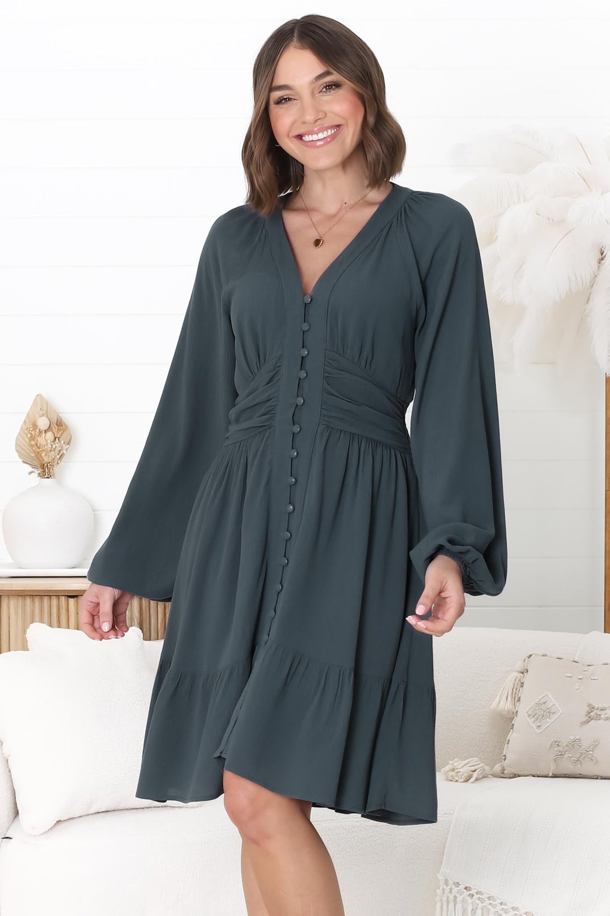 Iris Mini Dress - A Line Gathered Waist Button Down Dress in Charcoal