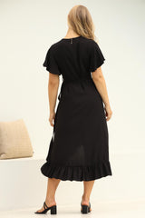 Carolina Midi Dress - V Neck Wrap Dress with Ruffle High Low Hemline in Black