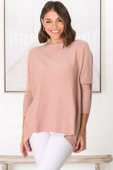 Belinda Knit Top - Boat Neckline Boxy Batwing Top in Blush