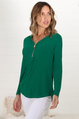 Cecile Top - Zipper Detail V Neck Top in Emerald