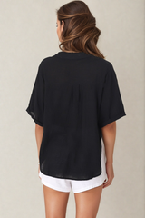 Shelly Shirt - Linen Collared Button Down Shirt in Black