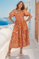 Shira Midi Dress - On Or Off Shoulder Elasticated Bodice Dress With Short Balloon Sleeves In Embry Print Orange