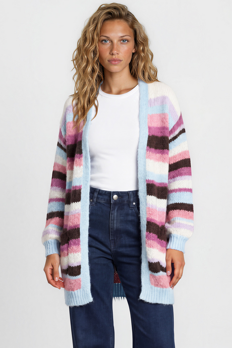 Model wearing Iggy Cardigan in  Blue/Purple from Salty Crush