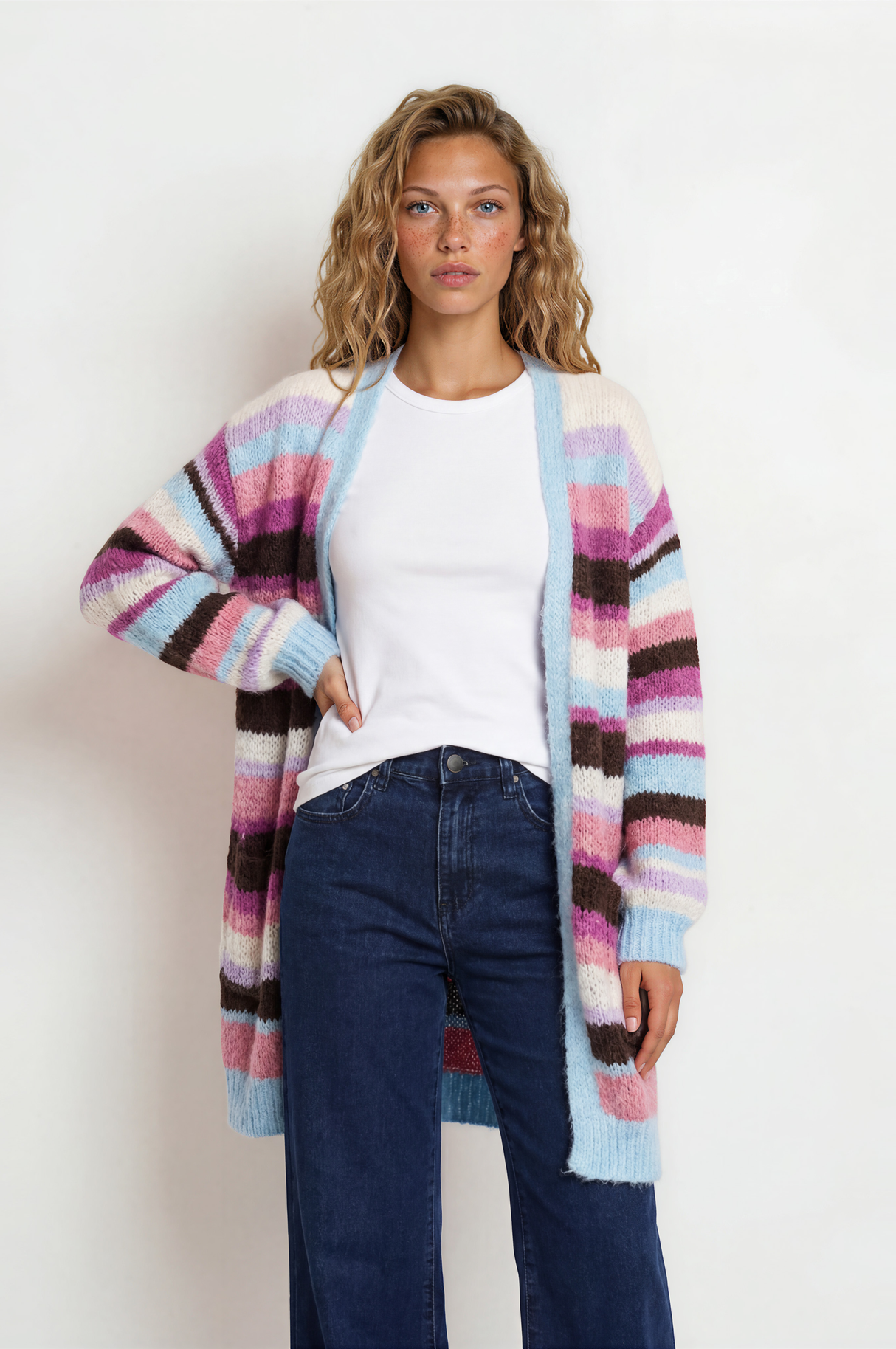 Model wearing Iggy Cardigan in  Blue/Purple from Salty Crush
