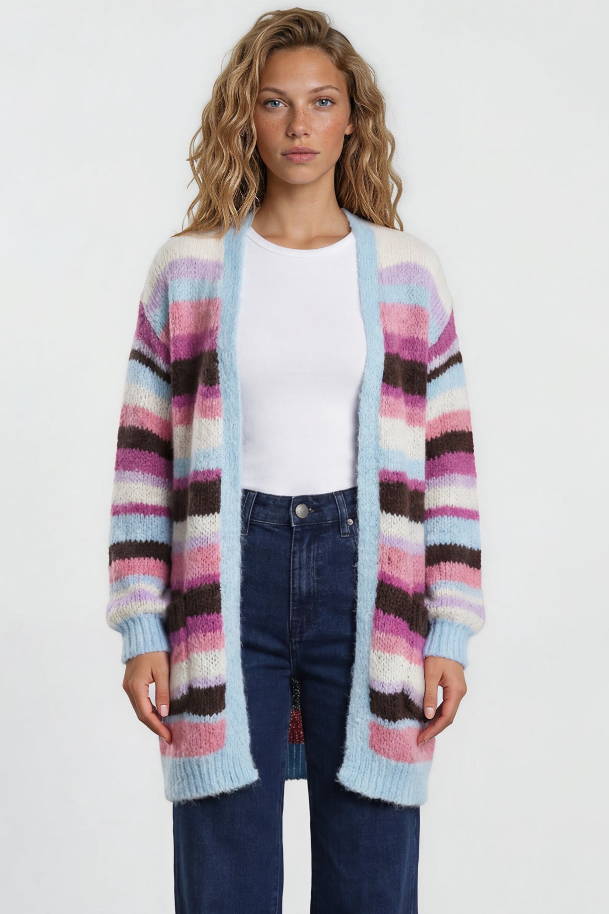 Model wearing Iggy Cardigan in  Blue/Purple from Salty Crush
