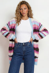 Model wearing Iggy Cardigan in  Blue/Purple from Salty Crush
