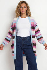 Model wearing Iggy Cardigan in  Blue/Purple from Salty Crush
