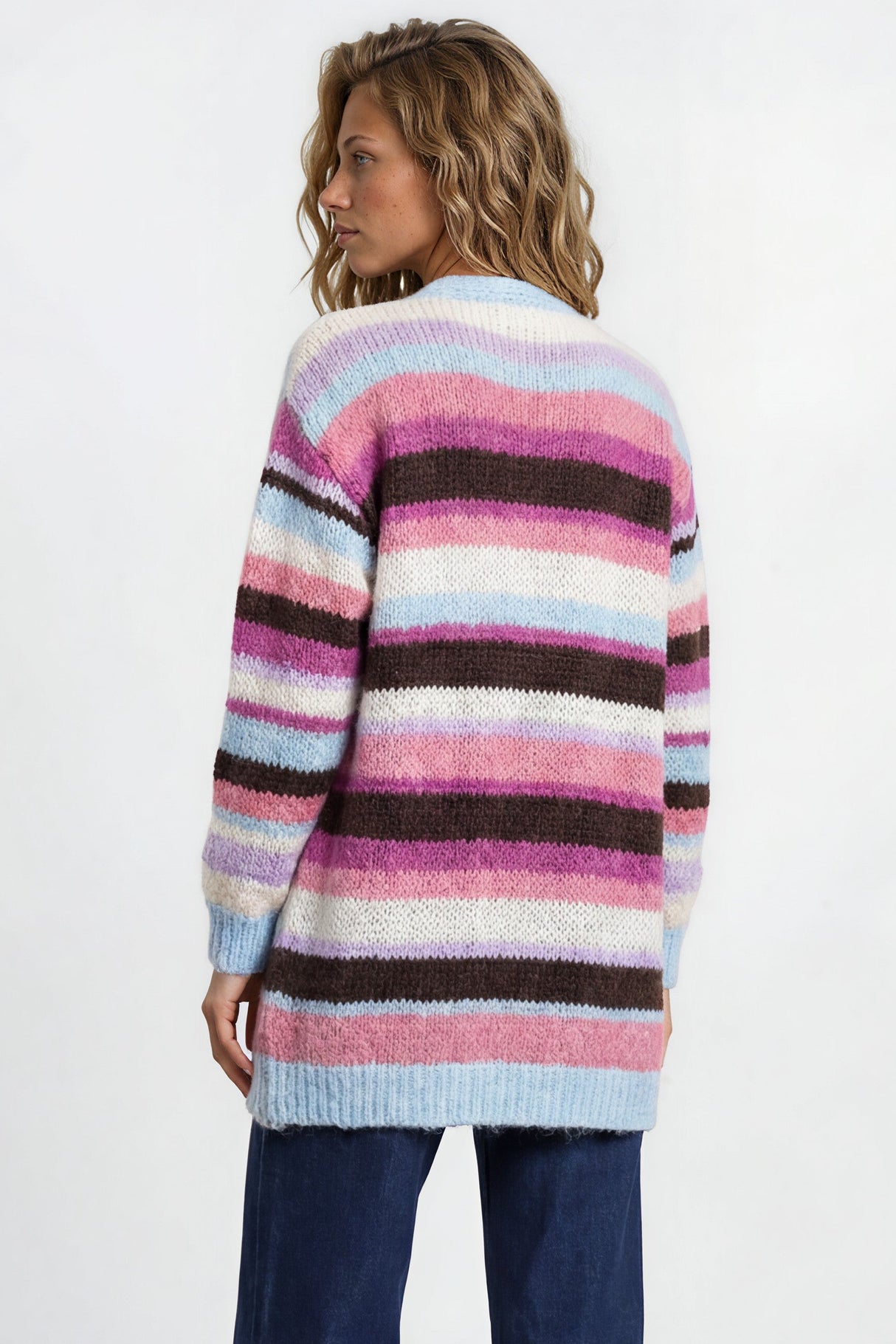 Model wearing Iggy Cardigan in  Blue/Purple from Salty Crush
