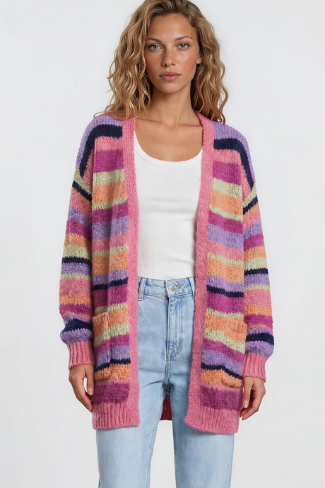 Model wearing Iggy Cardigan in Hot Pink Multi from Salty Crush