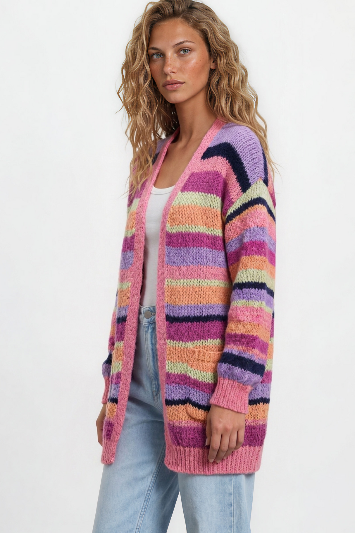 Model wearing Iggy Cardigan in Hot Pink Multi from Salty Crush