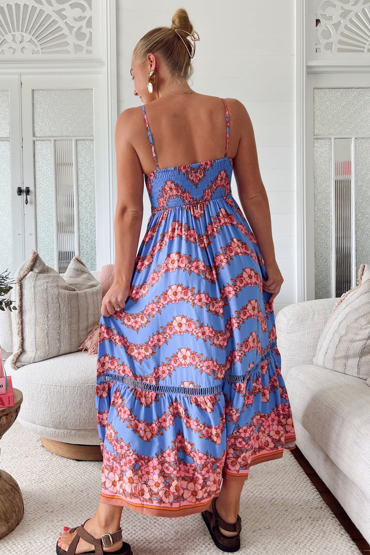 JAASE - Iluka Midi Dress: Tiered Sun Dress with Ladder Lace Detailing in Little Flowers Print