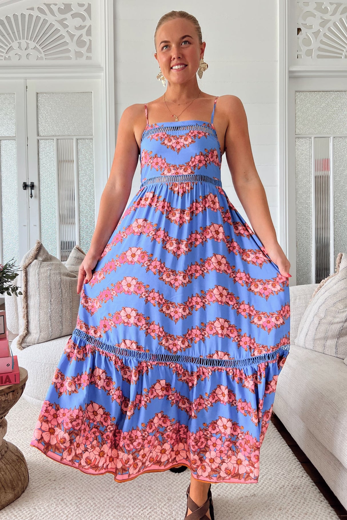 Iluka Midi Dress - Tiered Sun Dress with Ladder Lace Detailing in Little Flowers Print