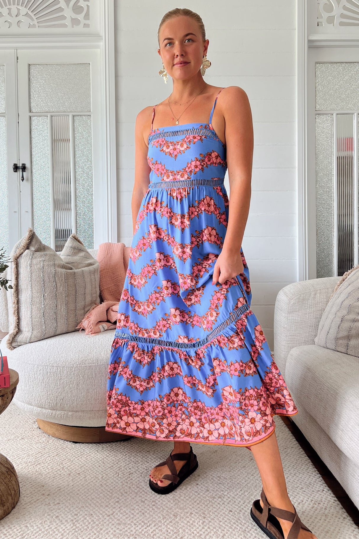 JAASE - Iluka Midi Dress: Tiered Sun Dress with Ladder Lace Detailing in Little Flowers Print