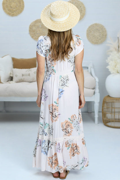 JAASE - Carmen Maxi Dress: Butterfly Cap Sleeve Button Down A Line Dress with Lace Trim in Blooming Bouquet Print
