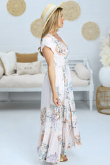 JAASE - Carmen Maxi Dress: Butterfly Cap Sleeve Button Down A Line Dress with Lace Trim in Blooming Bouquet Print