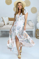 JAASE - Carmen Maxi Dress: Butterfly Cap Sleeve Button Down A Line Dress with Lace Trim in Blooming Bouquet Print