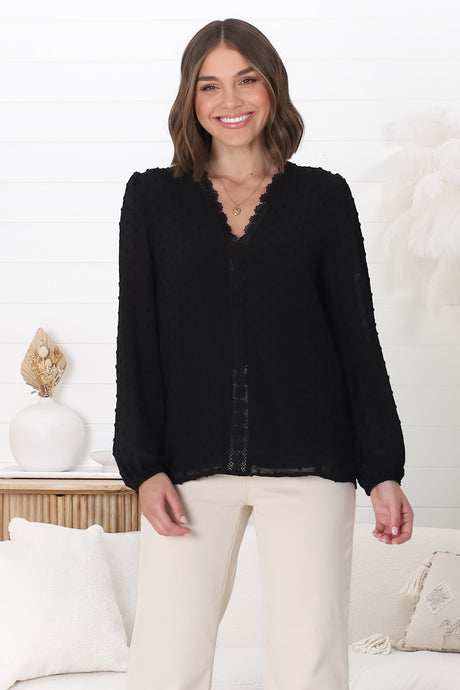 Imogen Blouse - V Neck Lace Trim Pull Over Blouse in Black